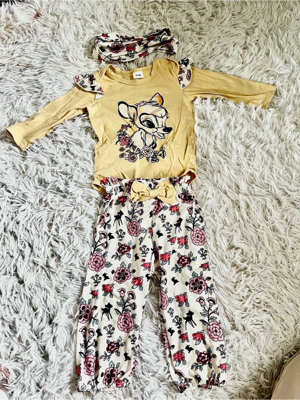 Bambi baby Girls Yellow Deer Graphic Floral Pajama Set with Headband